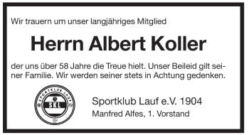 Traueranzeige von Albert Koller von Pegnitz-Zeitung